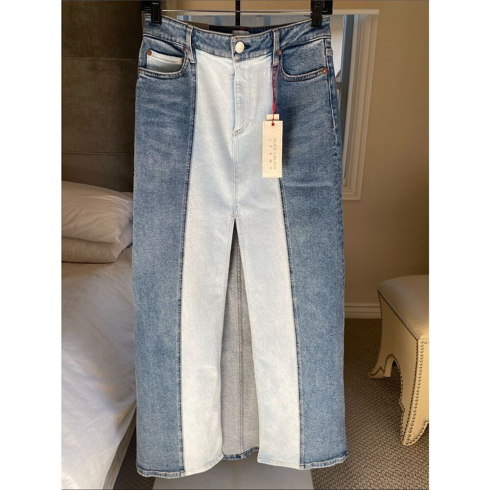 Alice + Olivia Jeans Two-Tone Blue Denim Midi Skirt with Front Slit